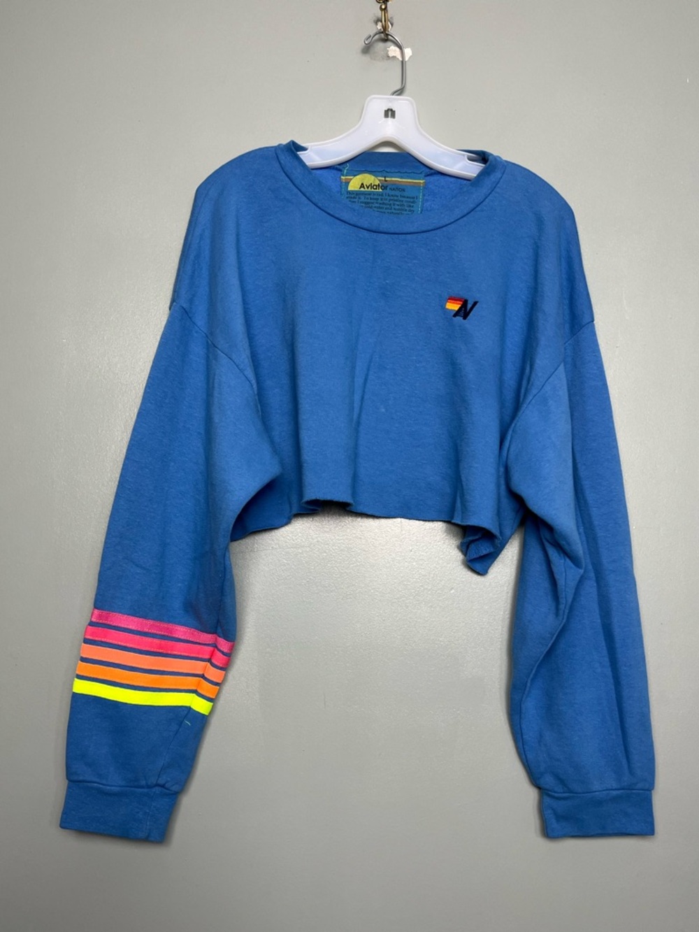 Aviator Nation Rugby Stitch Cropped Crewneck Sweatshirt Relaxed Cobalt Blue L
